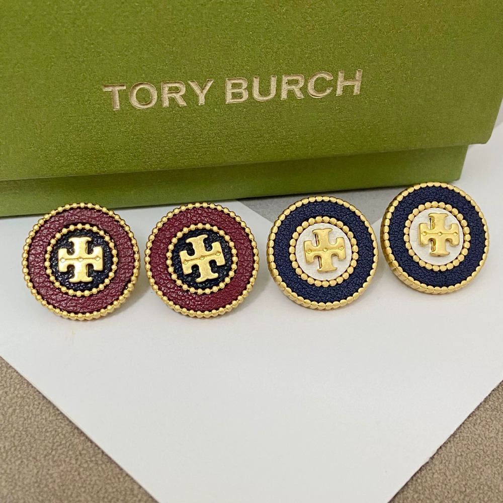 Tory Burch Inlaid Leather Round Geometric Metal Stud Earrings